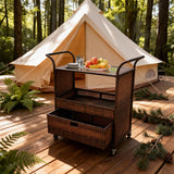 RSB2513 3-Tier Brown Wicker Rolling Camping Cart – Glamping Patio Storage Trolley with Drawer