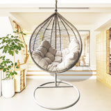 SWC2651 Single Seat Grey Wicker Teardrop Hanging Egg Chair with Stand & Navy Cushion – Porch Patio Swing Lounge Chair