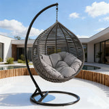 SWC2651 Single Seat Grey Wicker Teardrop Hanging Egg Chair with Stand & Navy Cushion – Porch Patio Swing Lounge Chair