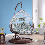 SWC2644 2 Seater Brown White Wicker Hanging Egg Chair with Stand & Blue Floral Cushion – Indoor Outdoor Double Swing Lounge Chair Set