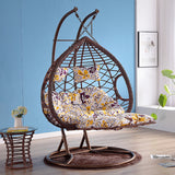 SWC2644 2 Seater Brown White Wicker Hanging Egg Chair with Stand & Blue Floral Cushion – Indoor Outdoor Double Swing Lounge Chair Set
