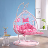 SWC2644 2 Seater Brown White Wicker Hanging Egg Chair with Stand & Blue Floral Cushion – Indoor Outdoor Double Swing Lounge Chair Set
