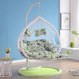SWC2644 2 Seater Brown White Wicker Hanging Egg Chair with Stand & Blue Floral Cushion – Indoor Outdoor Double Swing Lounge Chair Set