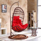 SWC2666 Single Seat Dark Brown Wicker Hanging Egg Chair with Stand & Red Cushion – Tropical Mountain View Patio Swing Lounge Chair Set