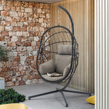 SWC2670 Single Seat Grey Wicker Hanging Egg Chair with Stand & Light Grey Cushion – Garden Patio Swing Lounge Chair Set