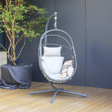 SWC2670 Single Seat Grey Wicker Hanging Egg Chair with Stand & Light Grey Cushion – Garden Patio Swing Lounge Chair Set