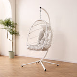 SWC263402 White Wicker Hanging Egg Chair with Stand & Beige Cushion – Poolside Patio Swing Lounge Chair Set
