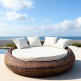 TYSF2611 Two-Tone Rattan Round Multi-Person Outdoor Daybed with All-White Cushions & Pillows – Aruba Caribbean Coastal Terrace Luxury Family Outdoor Round Daybed