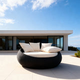 TYSF2611 Two-Tone Rattan Round Multi-Person Outdoor Daybed with All-White Cushions & Pillows – Aruba Caribbean Coastal Terrace Luxury Family Outdoor Round Daybed