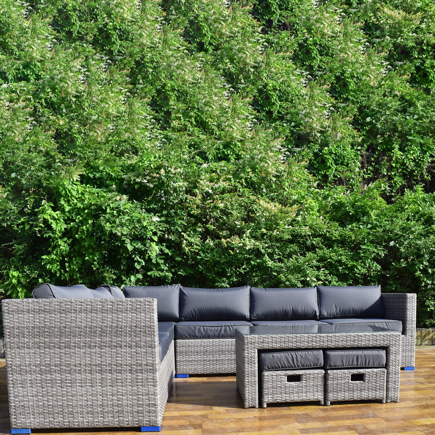 Wholesale(MOQ 50 Pieces) 9 Pieces Rattan Corner L-Shaped Sofa With 6-Seater Lounge Chairs Set & Two Ottomans Can Be Stored Under Coffee Table(Included)