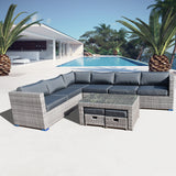 SFTZ250101 Wholesale(MOQ 50 Pieces) 9 Pieces Rattan Corner L-Shaped Sofa With 6-Seater Lounge Chairs Set & Two Ottomans Can Be Stored Under Coffee Table(Included)