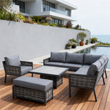 WLSF250301 Dark Grey Rattan & Metal Frame L-Shaped Outdoor Sectional Sofa Set with Coffee Table & Ottoman – French Riviera Coastal Terrace Modern Luxury Outdoor Furniture Set