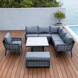 WLSF250301 Dark Grey Rattan & Metal Frame L-Shaped Outdoor Sectional Sofa Set with Coffee Table & Ottoman – French Riviera Coastal Terrace Modern Luxury Outdoor Furniture Set