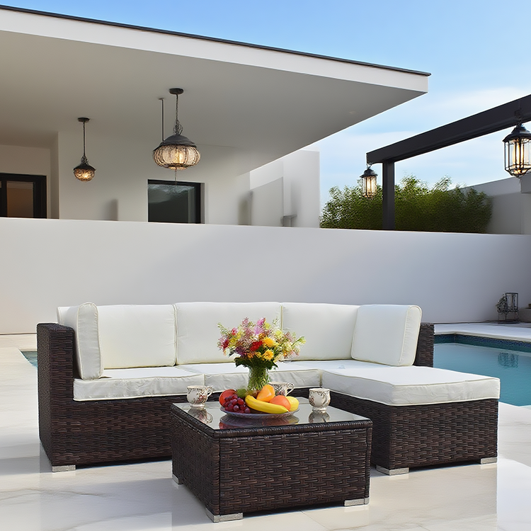Dark Brown Wicker L - Shaped Outdoor Sectional Sofa Set with Glass Coffee Table