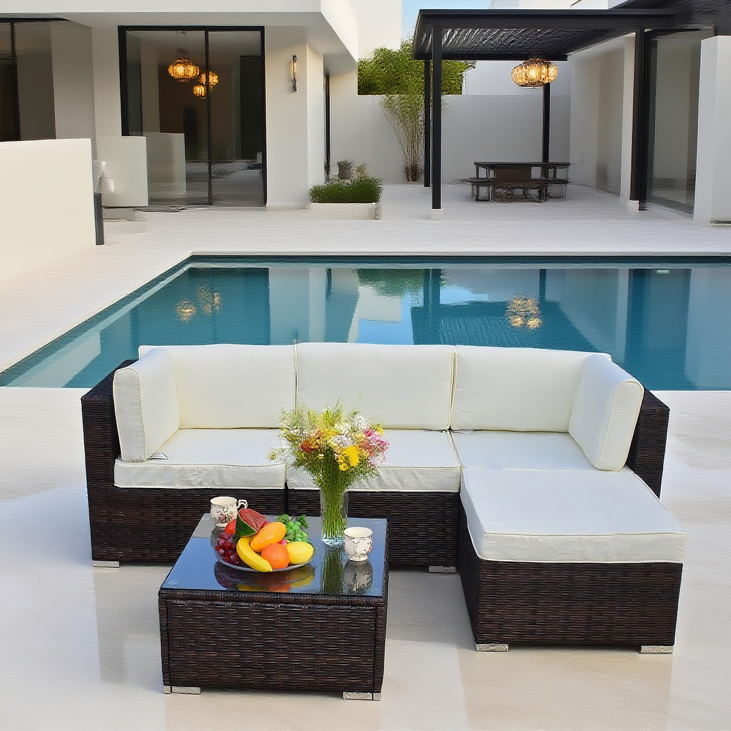 Dark Brown Wicker L - Shaped Outdoor Sectional Sofa Set with Glass Coffee Table