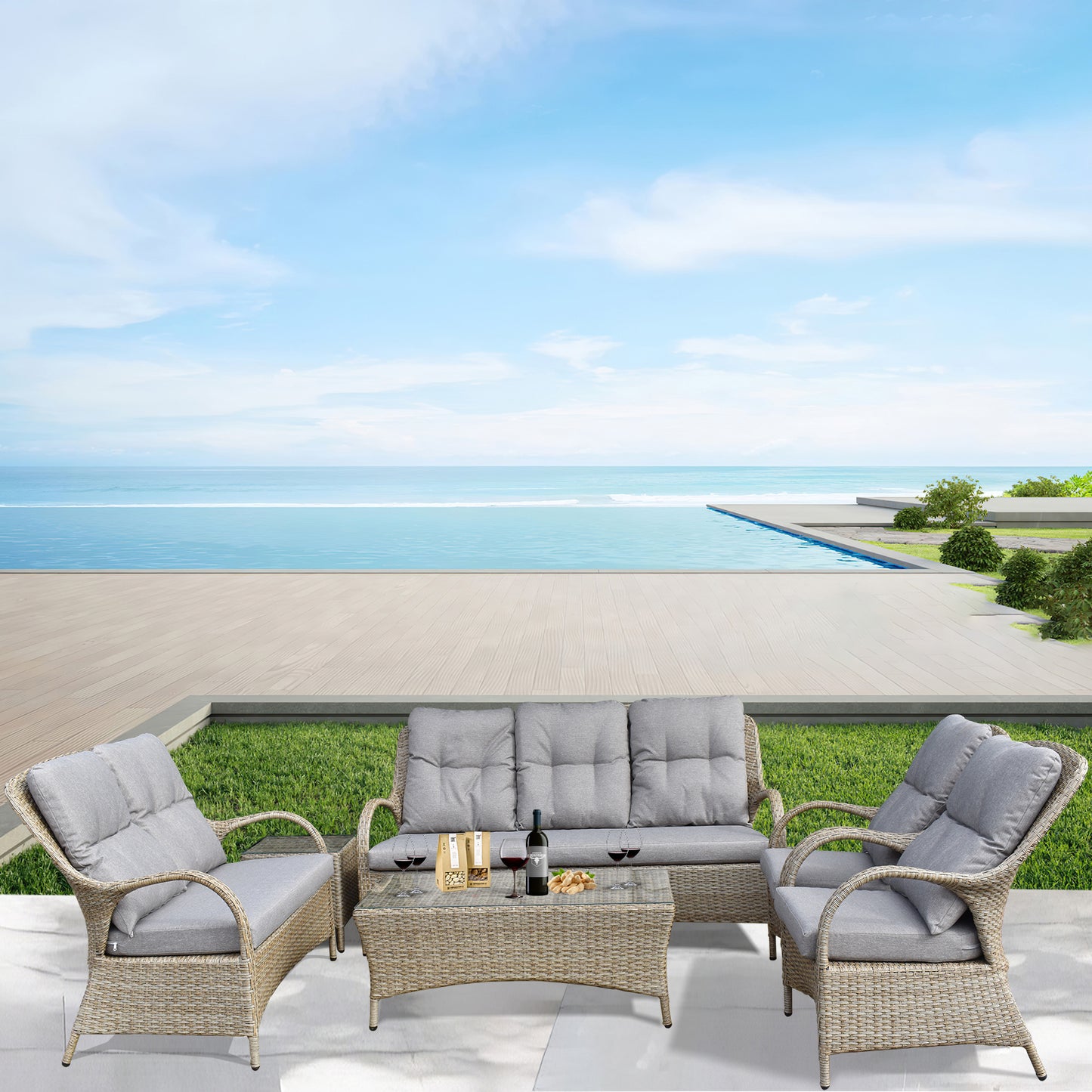 Light Brown Wicker Patio Conversation Set with Glass Coffee Table – Stylish Outdoor Lounge Furniture