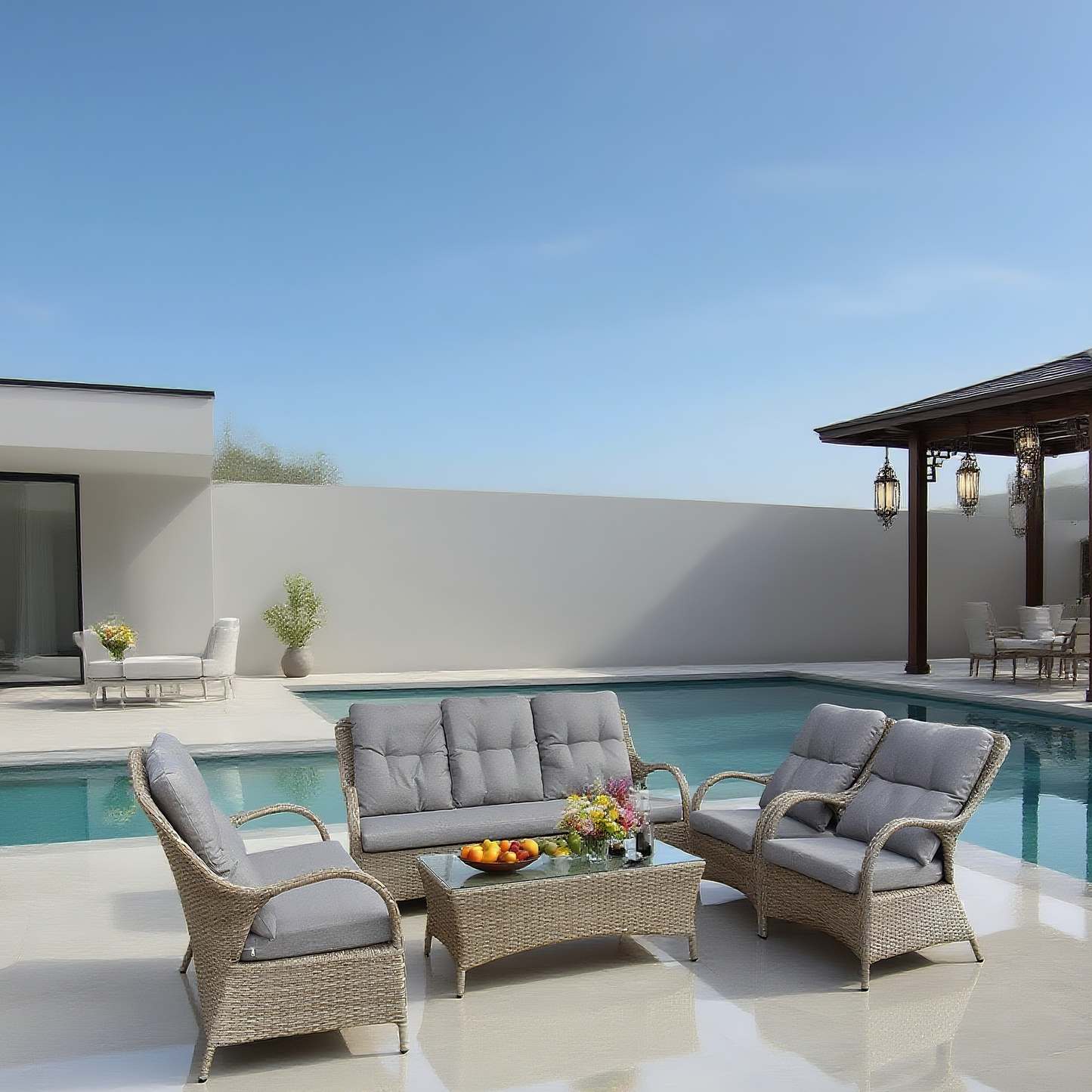 Light Brown Wicker Patio Conversation Set with Glass Coffee Table – Stylish Outdoor Lounge Furniture