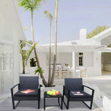 WLSF2502 Black Rattan & Black Metal Frame 2-Piece Outdoor Chair Set with Black Cushions & Glass Side Table – Miami Florida Coastal Terrace Luxury Tropical Outdoor Seating Set