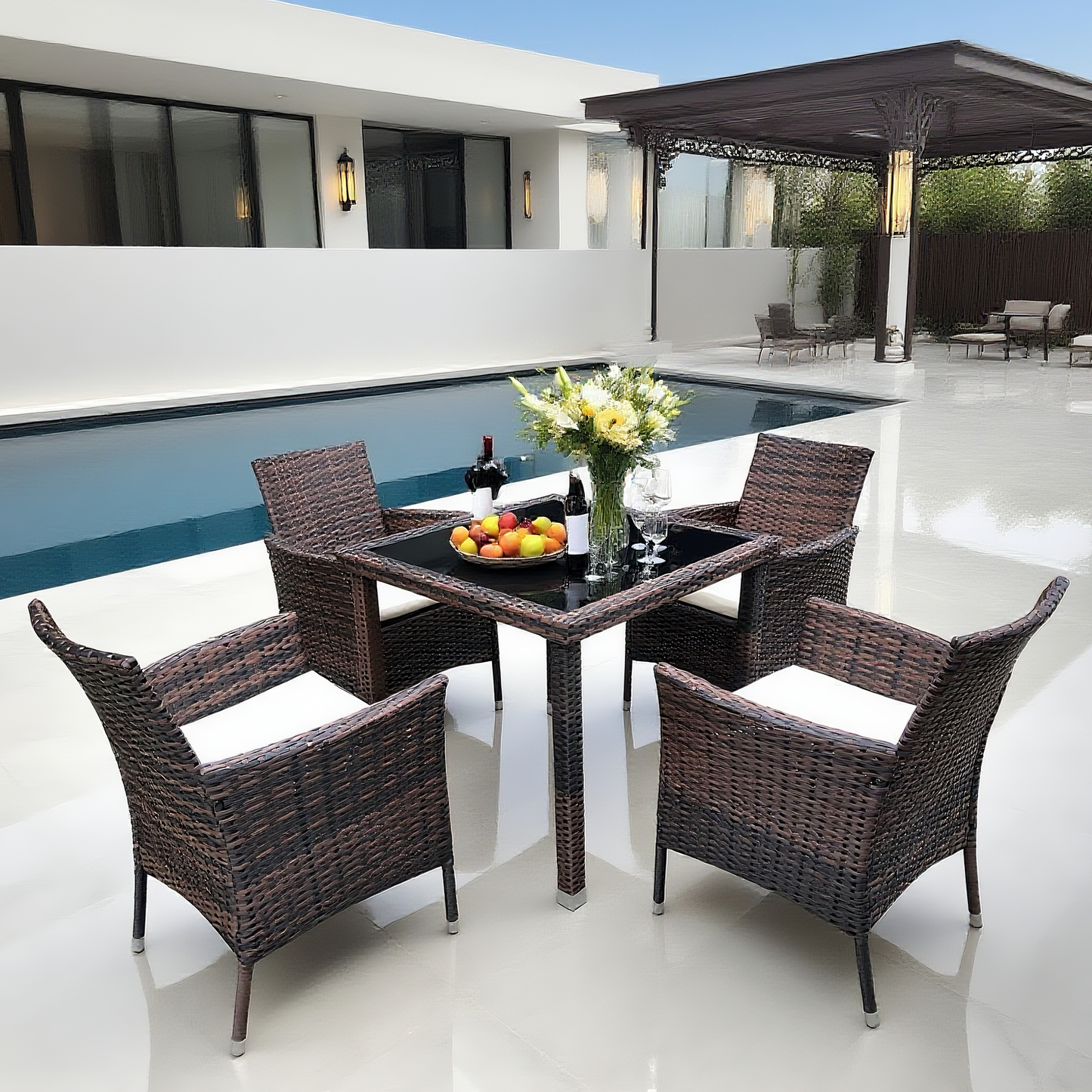 TBDS2506 Dark Brown Wicker Modern Luxury Outdoor Dining Set with Cream Cushions & Black Glass Square Dining Table – Stylish Patio Furniture