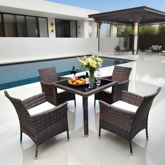 TBDS2506 Dark Brown Wicker Modern Luxury Outdoor Dining Set with Cream Cushions & Black Glass Square Dining Table – Stylish Patio Furniture