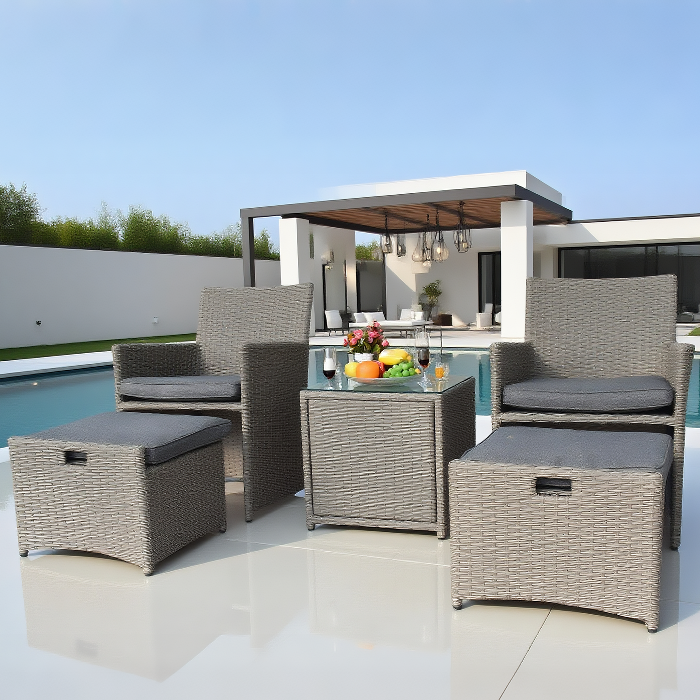 Light Grey Wicker 2 - Chair Outdoor Lounge Set with Storage Ottomans & Glass Table – Stylish Patio Conversation Furniture