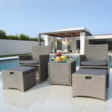 SFTZ2508 Light Grey Wicker 2 - Chair Outdoor Lounge Set with Storage Ottomans & Glass Table – Stylish Patio Conversation Furniture