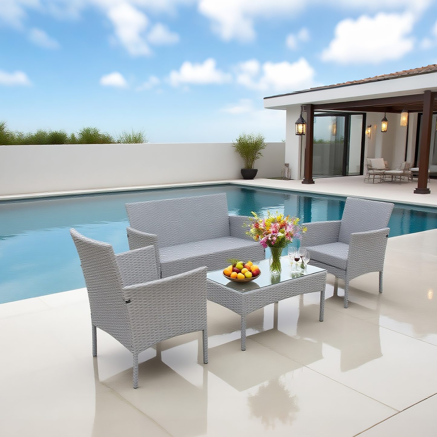 Light Grey Wicker Patio Conversation Set with Glass Coffee Table – Stylish Outdoor Lounge Furniture