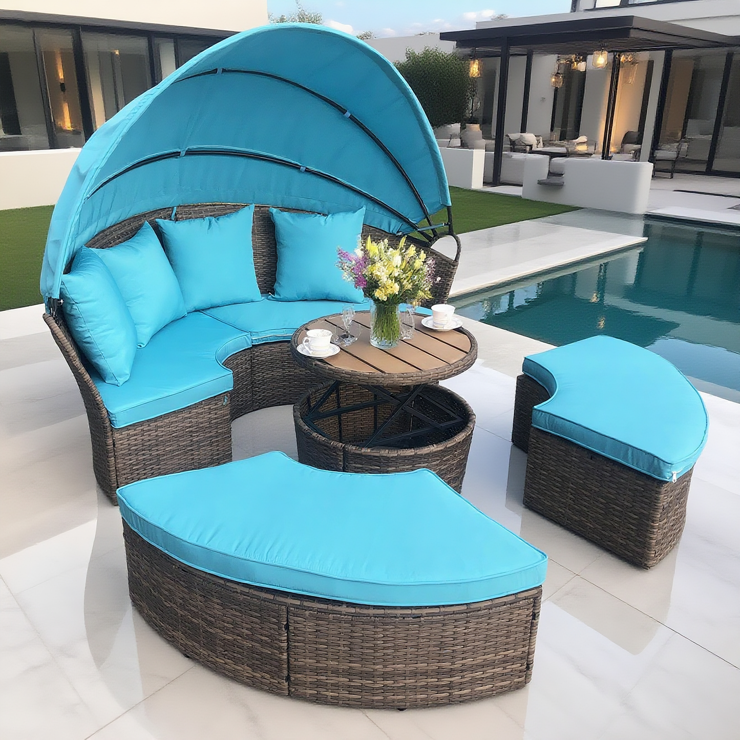 Grey Wicker Round Outdoor Daybed with Canopy – Luxurious Patio Lounge Furniture