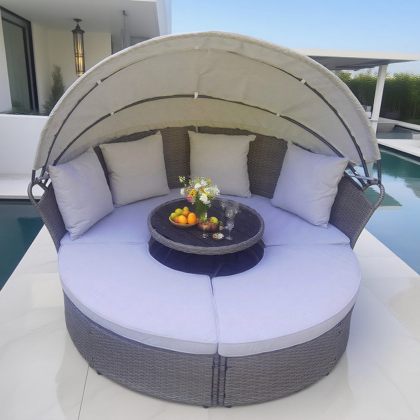 Grey Wicker Round Outdoor Daybed with Canopy – Luxurious Patio Lounge Furniture