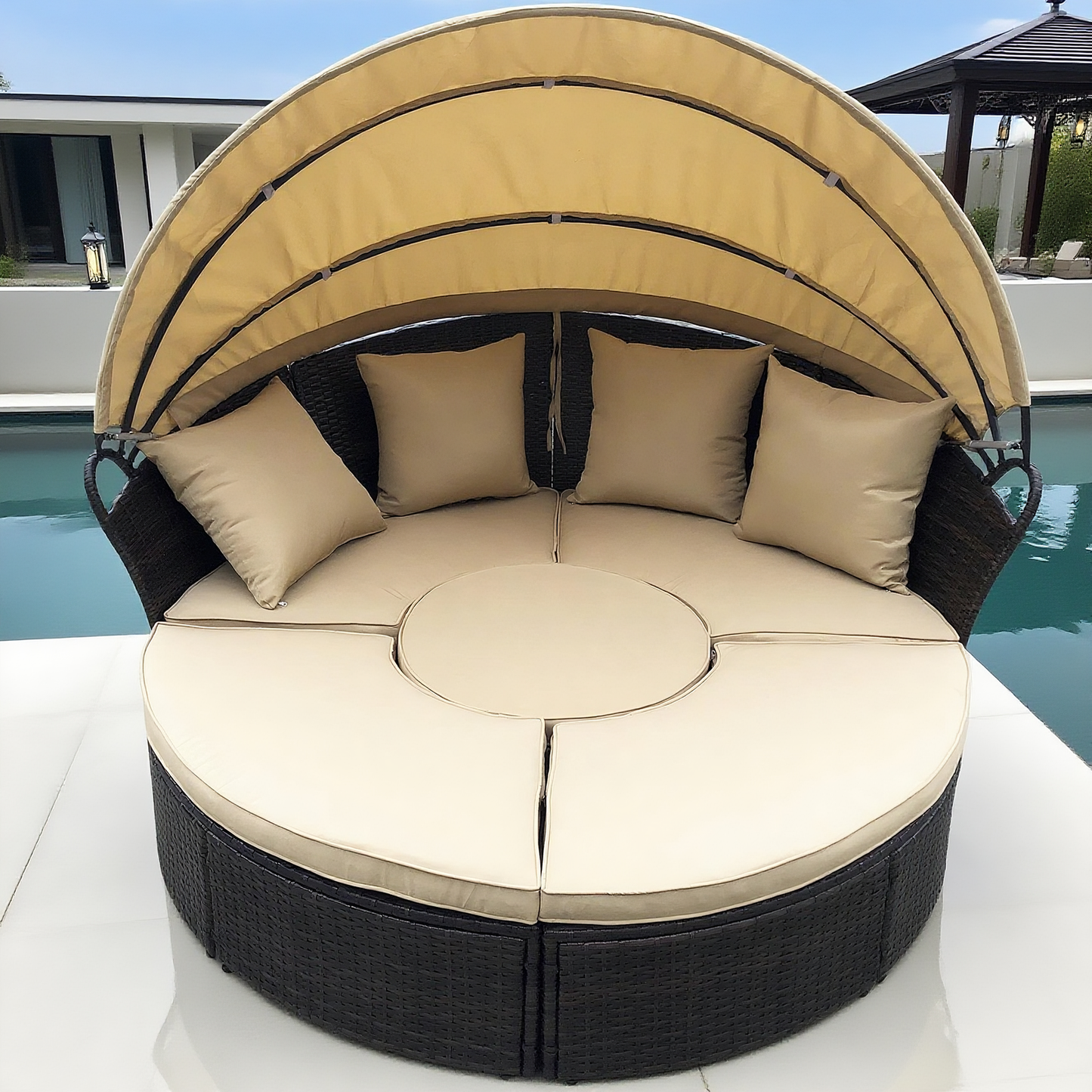 Grey Wicker Round Outdoor Daybed with Canopy – Luxurious Patio Lounge Furniture