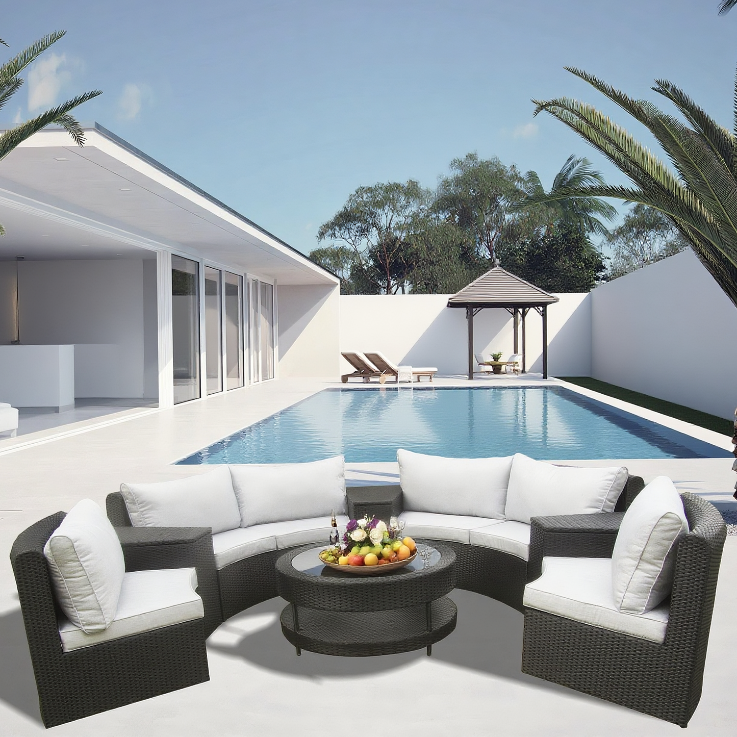 Light Brown Wicker Curved Outdoor Sectional Set with Round Storage Table – Stylish Patio Conversation Furniture