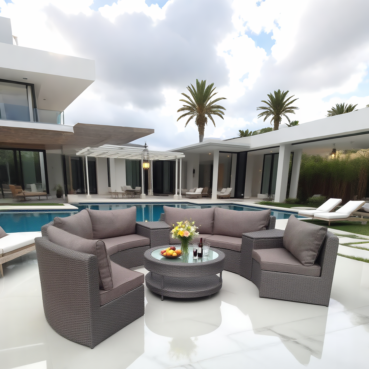 Light Brown Wicker Curved Outdoor Sectional Set with Round Storage Table – Stylish Patio Conversation Furniture