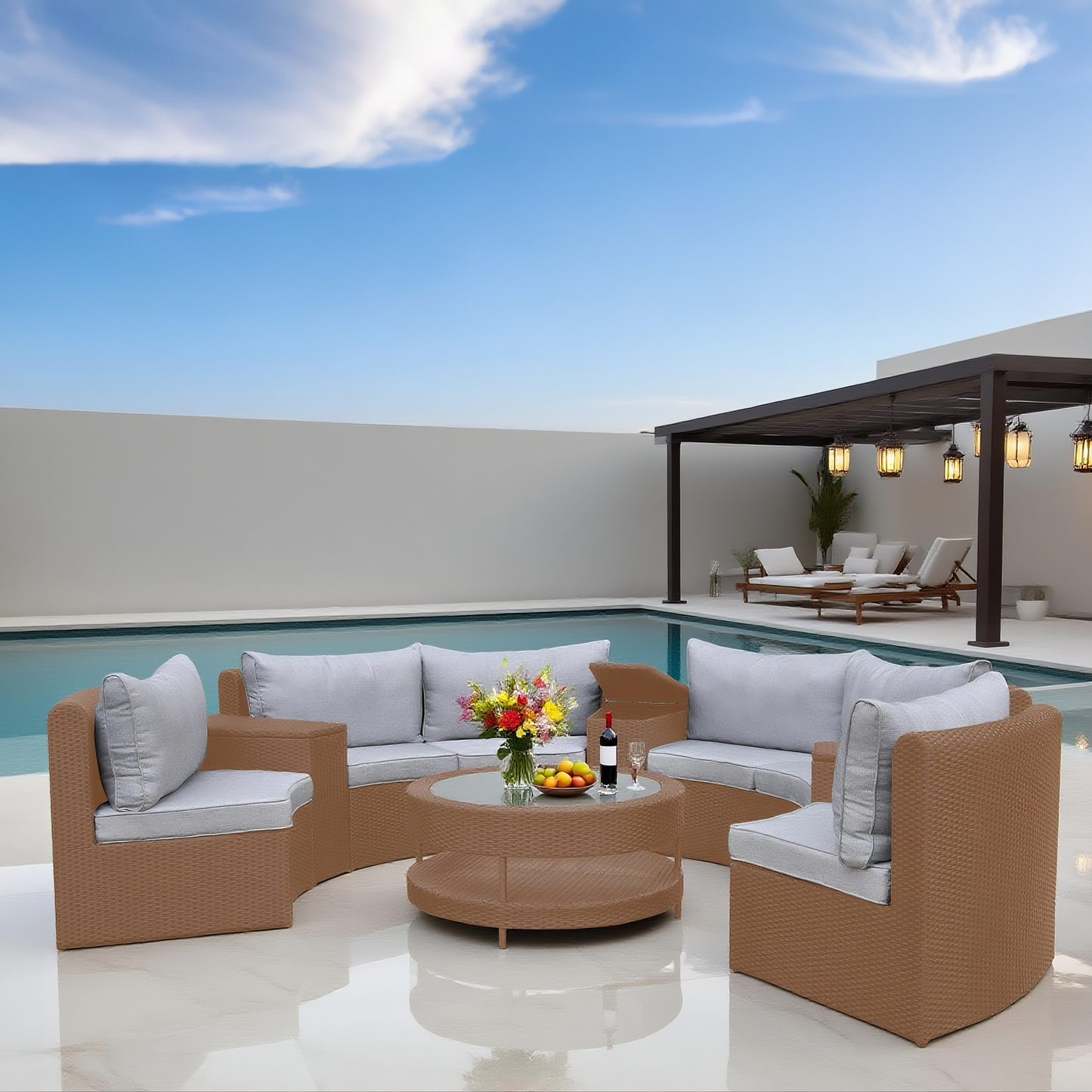 Light Brown Wicker Curved Outdoor Sectional Set with Round Storage Table – Stylish Patio Conversation Furniture