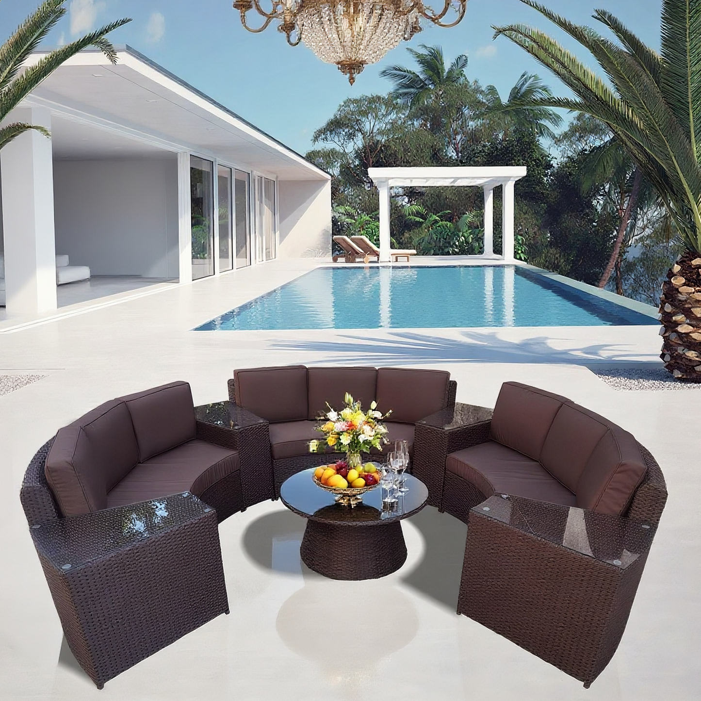 Light Brown Wicker Curved Outdoor Sectional Set with Round Storage Table – Stylish Patio Conversation Furniture