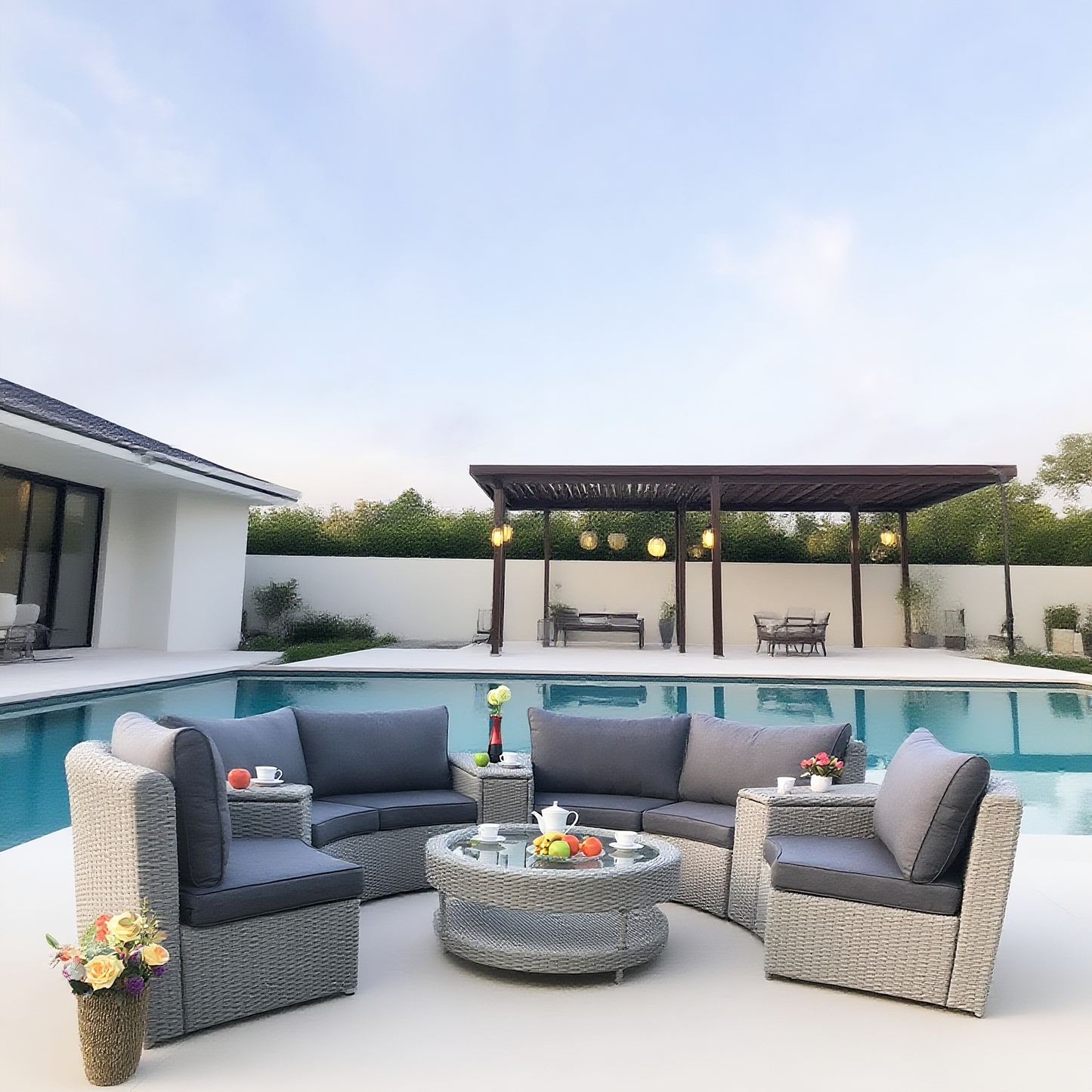 Light Brown Wicker Curved Outdoor Sectional Set with Round Storage Table – Stylish Patio Conversation Furniture