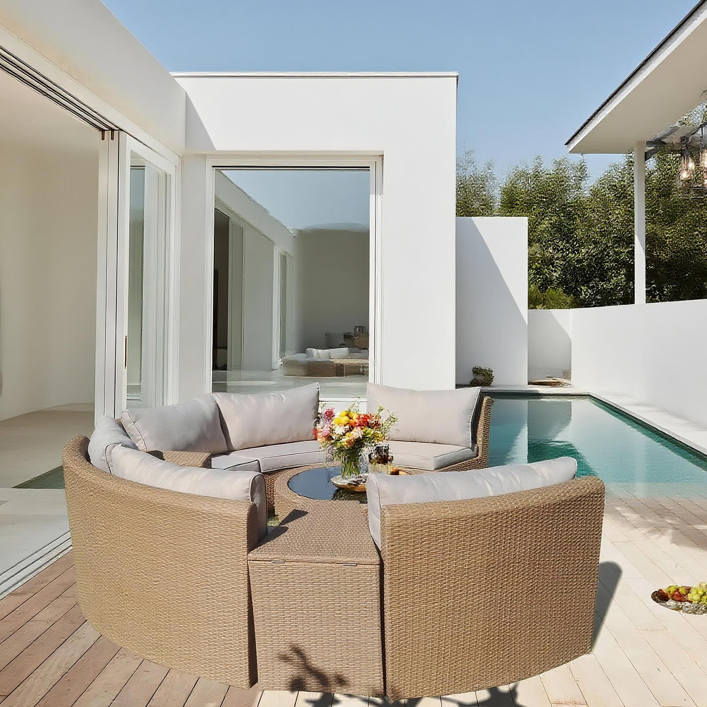 Light Brown Wicker Curved Outdoor Sectional Set with Round Storage Table – Stylish Patio Conversation Furniture