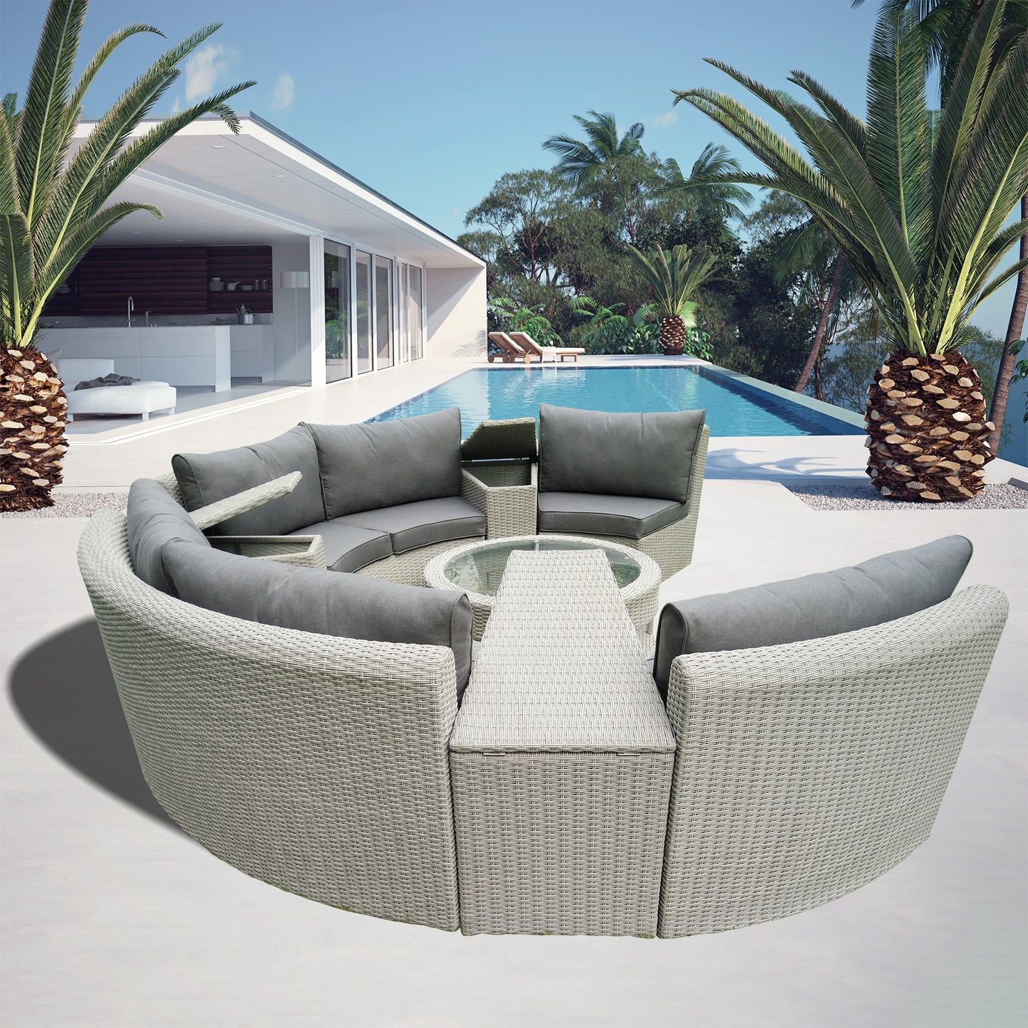 Light Brown Wicker Curved Outdoor Sectional Set with Round Storage Table – Stylish Patio Conversation Furniture