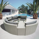SFTZ2515 Light Brown Wicker Curved Outdoor Sectional Set with Round Storage Table – Stylish Patio Conversation Furniture