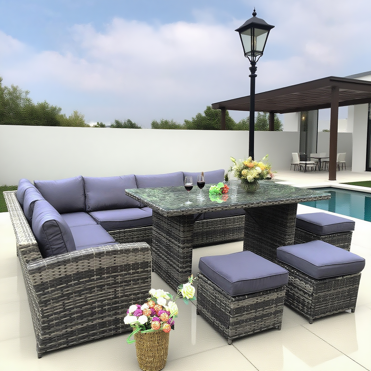 Mixed - Tone Wicker L - Shaped Outdoor Dining & Lounge Set with Ottomans – Stylish Patio Furniture