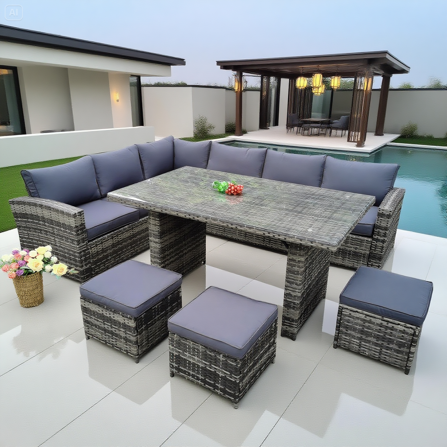 Mixed - Tone Wicker L - Shaped Outdoor Dining & Lounge Set with Ottomans – Stylish Patio Furniture