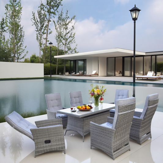 Light Grey Wicker Outdoor Dining Set with Adjustable Chairs – Stylish Patio Furniture