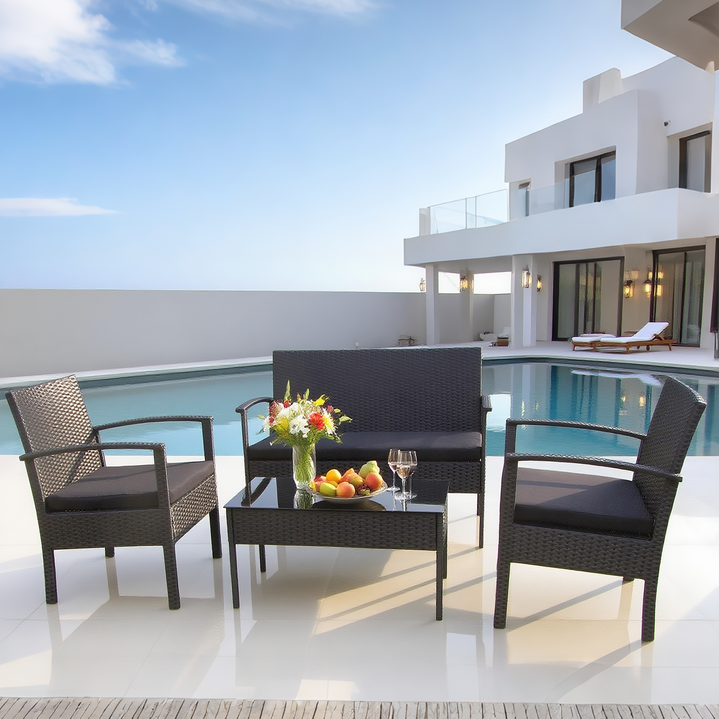 Dark Grey Wicker Patio Conversation Set with Glass Coffee Table – Stylish Outdoor Lounge Furniture