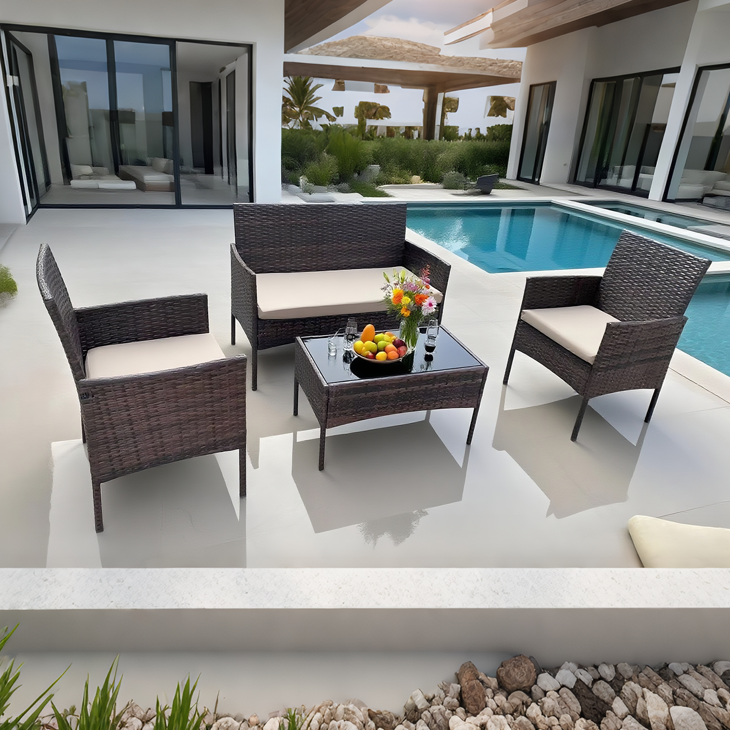 Dark Grey Wicker Patio Conversation Set with Glass Coffee Table – Stylish Outdoor Lounge Furniture