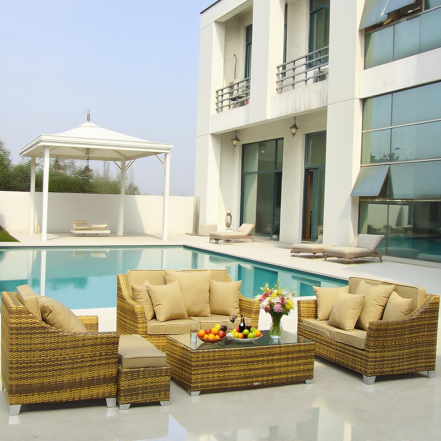 Brown Wicker Outdoor Lounge Set with Glass Coffee Table – Stylish Patio Conversation Furniture