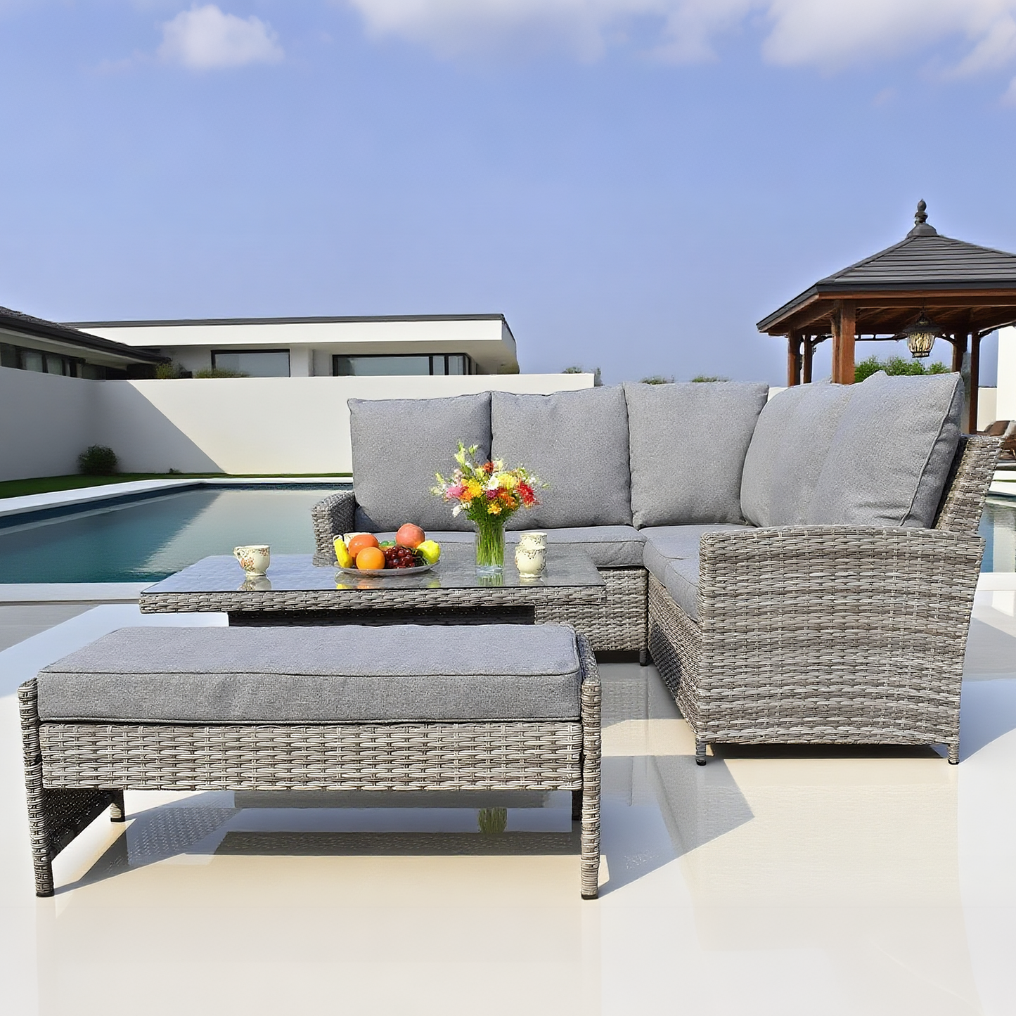 Grey Wicker Outdoor Sectional Set with Glass Coffee Table & Ottoman – Stylish Patio Lounge Furniture