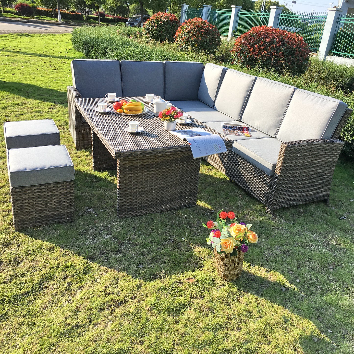 Brown Wicker L - Shaped Outdoor Dining & Lounge Set with Ottomans – Stylish Patio Furniture