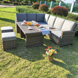 SFTZ2525 Brown Wicker L - Shaped Outdoor Dining & Lounge Set with Ottomans – Stylish Patio Furniture