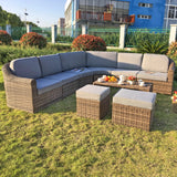 SFTZ2526 Brown Wicker Curved Outdoor Sectional Set with Ottomans & Coffee Table – Stylish Patio Conversation Furniture