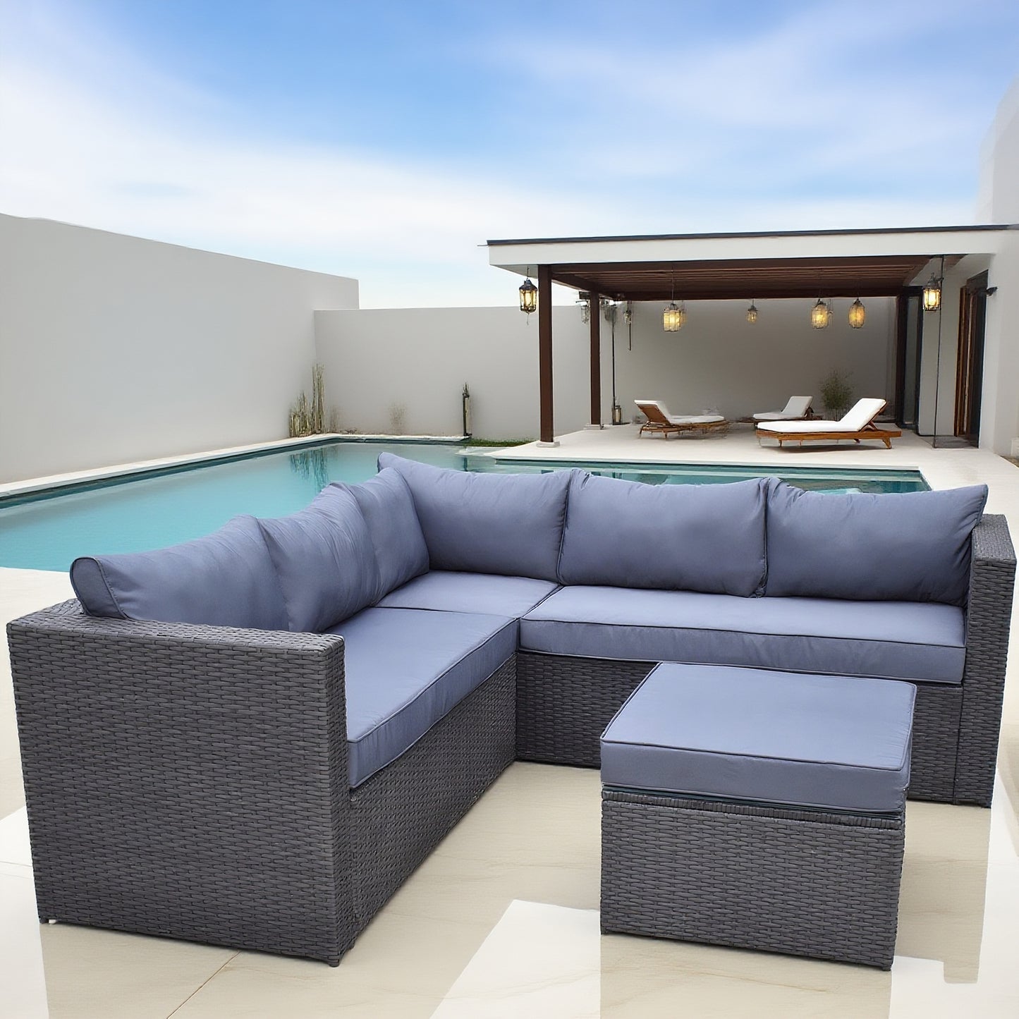 Light Grey Wicker L - Shaped Outdoor Sectional Set with Ottoman – Stylish Patio Lounge Furniture
