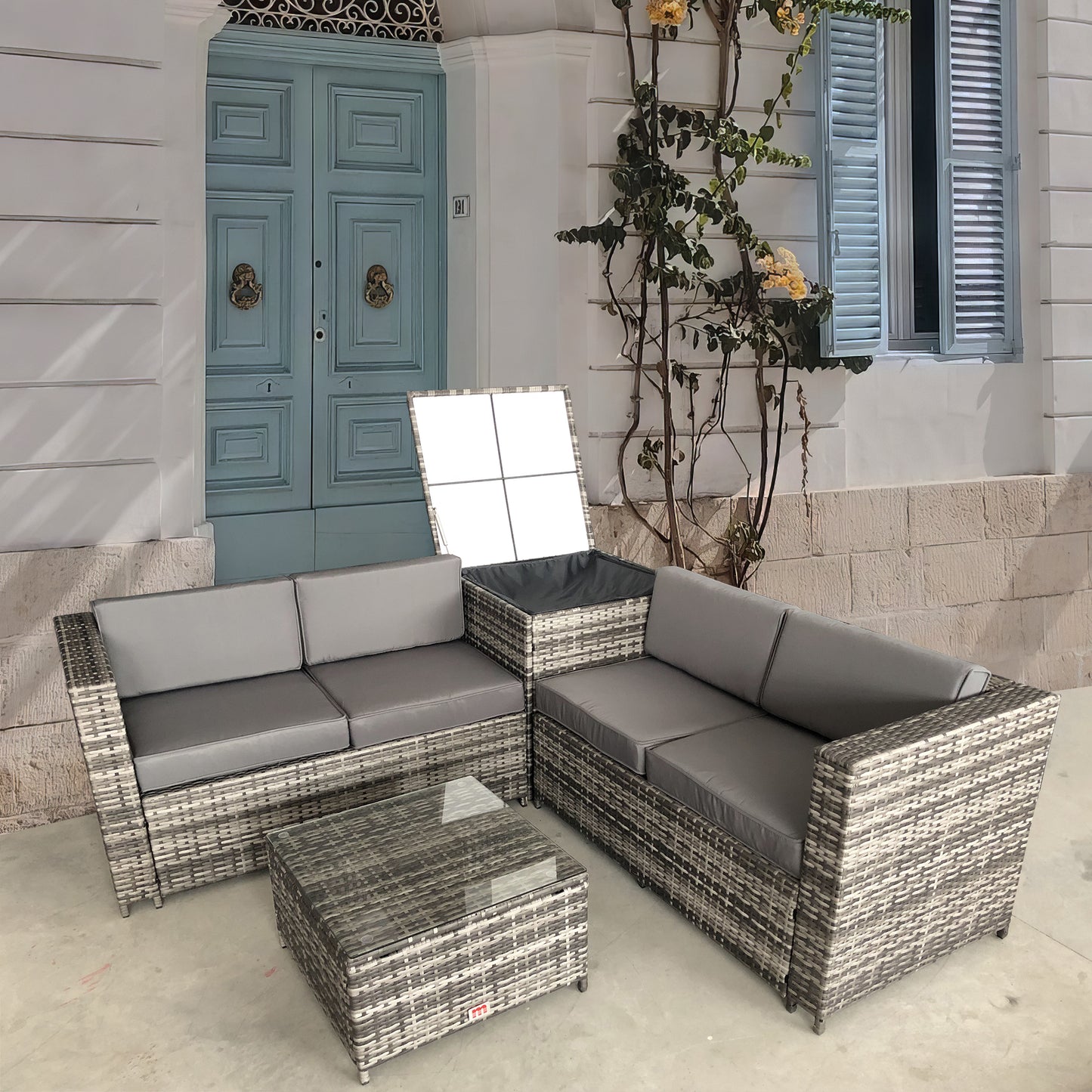 Mixed - Tone Wicker L - Shaped Outdoor Sectional Set with Glass Coffee Table – Stylish Patio Lounge Furniture